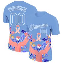 Загрузить изображение в средство просмотра галереи, Custom Light Blue White 3D Pink Ribbon Breast Cancer Performance T-Shirt
