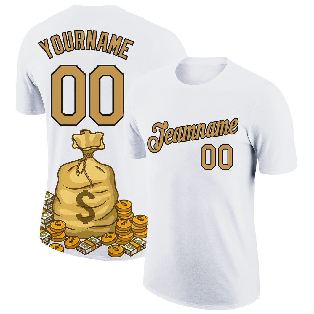 Custom White Old Gold-Black 3D Pattern Design Dollar Sign Money Theme Performance T-Shirt