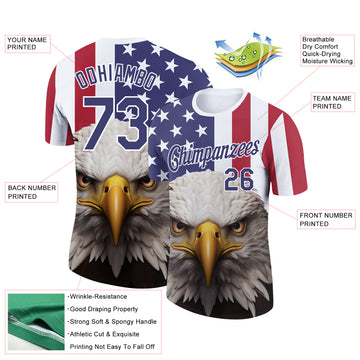 Custom White Royal-Red 3D American Flag And Eagle Performance T-Shirt