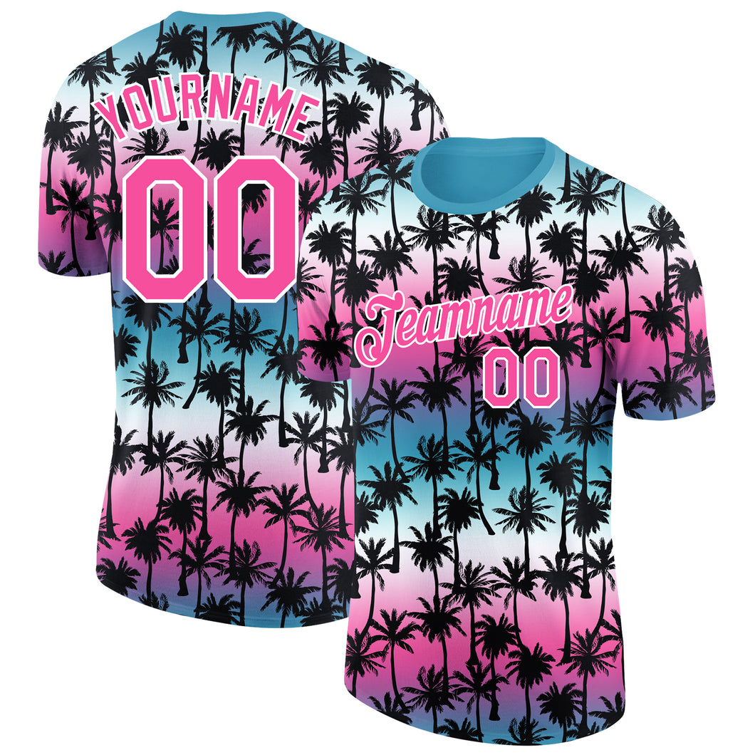 Custom Teal Pink-White 3D Pattern Design Hawaii Palm Trees Performance T-Shirt