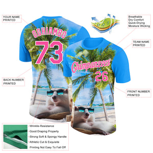 Custom Powder Blue Pink-White 3D Pattern Design Hawaii Palm Trees On Summer Beach Performance T-Shirt