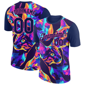 Custom Navy Pink 3D Pattern Design Rave Animal Cat Performance T-Shirt