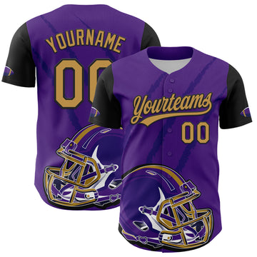 Custom Purple Old Gold-Black 3D Pattern Design Football Helmet And Animal Claw Authentic Baseball Jersey