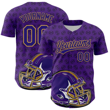 Custom Purple Dark Purple-Old Gold 3D Pattern Design Football Helmet And Ball Authentic Baseball Jersey