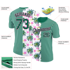 Custom Kelly Green Pink-White 3D Tropical Hawaii Palm Tree And Animal Flamingo Performance T-Shirt