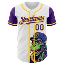 Загрузить изображение в средство просмотра галереи, Custom White Purple-Yellow 3D Pattern Design Rave Monster Authentic Baseball Jersey
