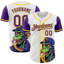 Загрузить изображение в средство просмотра галереи, Custom White Purple-Yellow 3D Pattern Design Rave Monster Authentic Baseball Jersey
