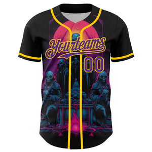 Custom Black Purple-Yellow 3D Pattern Design Rave Skull Authentic Baseball Jersey