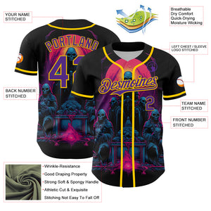 Custom Black Purple-Yellow 3D Pattern Design Rave Skull Authentic Baseball Jersey