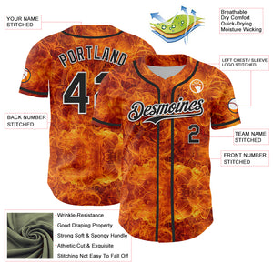 Custom Orange Black-White 3D Pattern Design Rave Flame Authentic Baseball Jersey