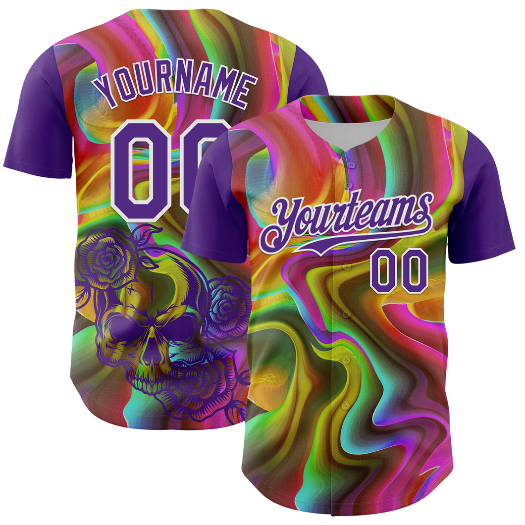 Custom Purple White 3D Pattern Design Rave Psychedelic Liquid And Skull Authentic Baseball Jersey