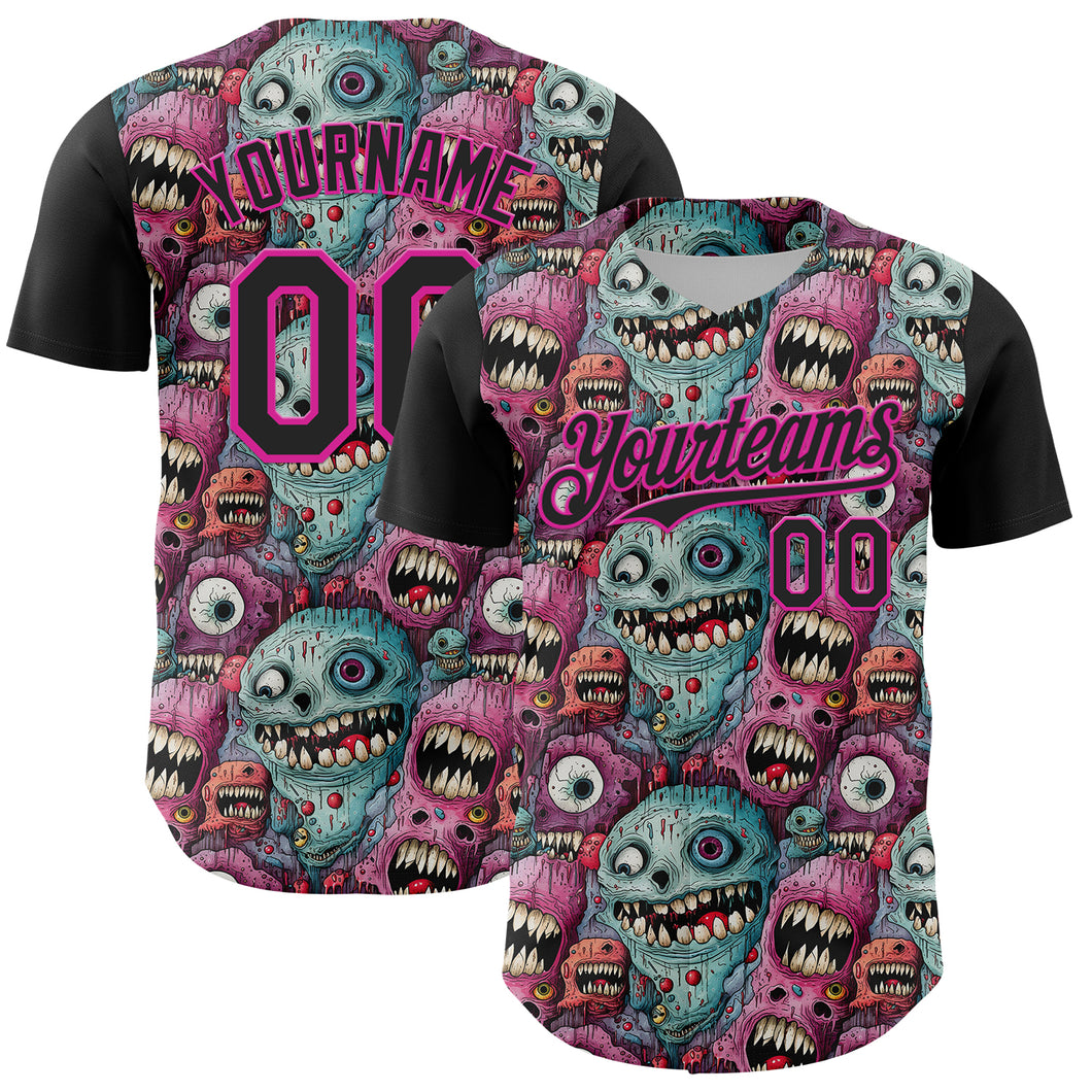 Custom Black Deep Pink 3D Pattern Design Rave Monster Authentic Baseball Jersey