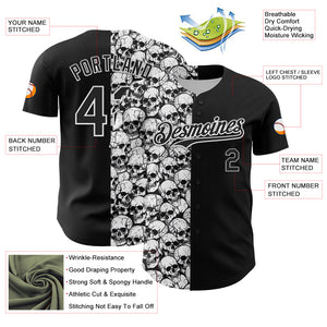 Custom Black White 3D Pattern Design Rave Skull Authentic Baseball Jersey