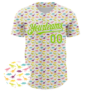 Custom White Neon Green 3D Pattern Design Animal Dinosaur Authentic Baseball Jersey