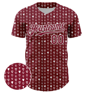 Custom Crimson White 3D Pattern Design Hearts Authentic Baseball Jersey