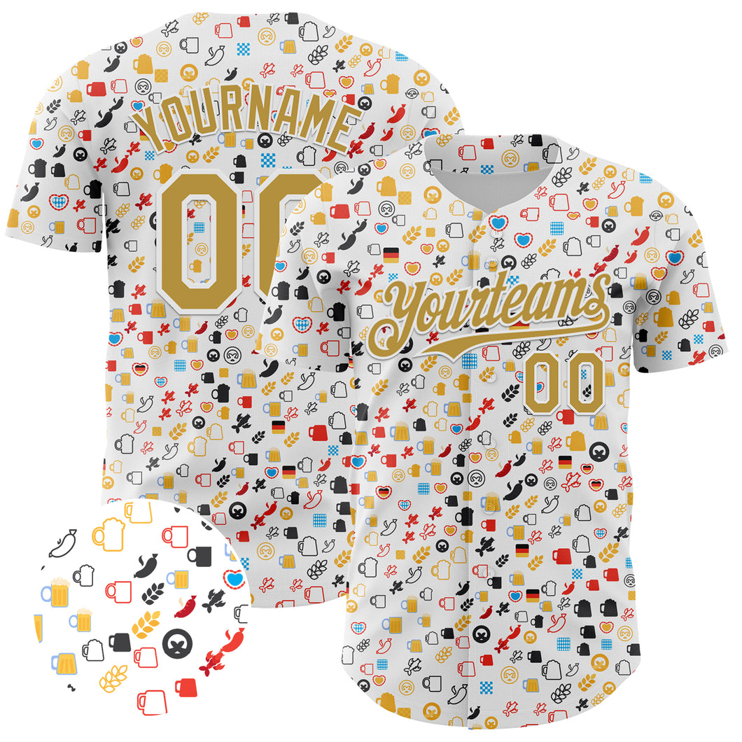 Custom White Old Gold 3D Pattern Design Beer Festival Authentic Baseball Jersey