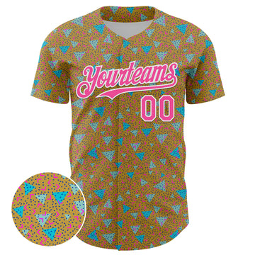 Custom Old Gold Pink-White 3D Pattern Design Geometric Shape Authentic Baseball Jersey