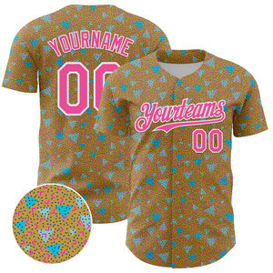 Custom Old Gold Pink-White 3D Pattern Design Geometric Shape Authentic Baseball Jersey