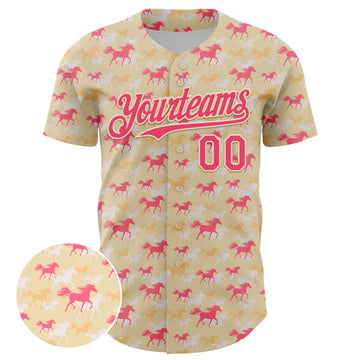 Custom Cream Neon Pink 3D Pattern Design Animal Horse Authentic Baseball Jersey