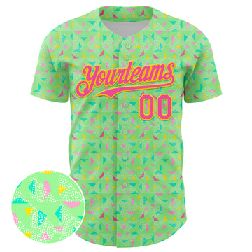 Custom Pea Green Pink-Yellow 3D Pattern Design Geometric Shape Authentic Baseball Jersey