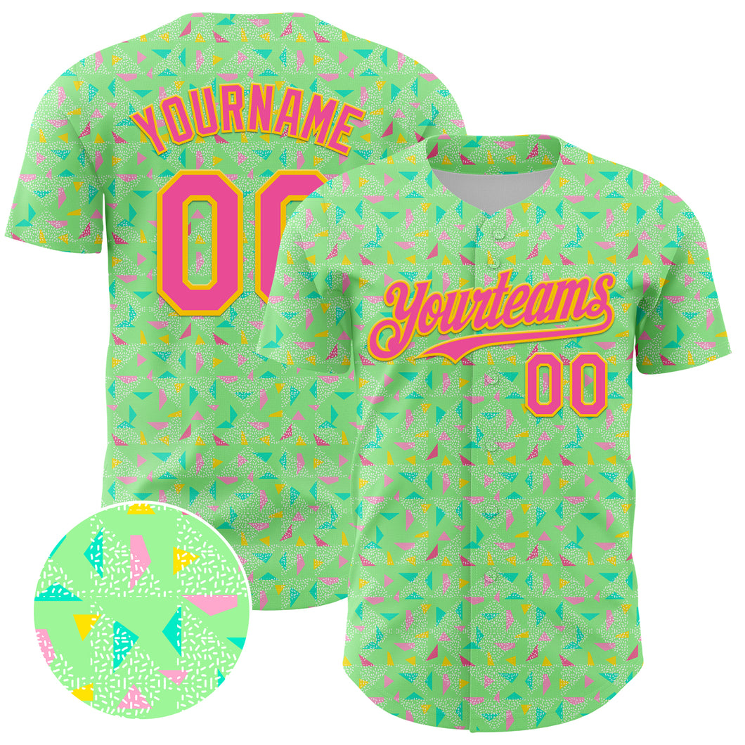 Custom Pea Green Pink-Yellow 3D Pattern Design Geometric Shape Authentic Baseball Jersey