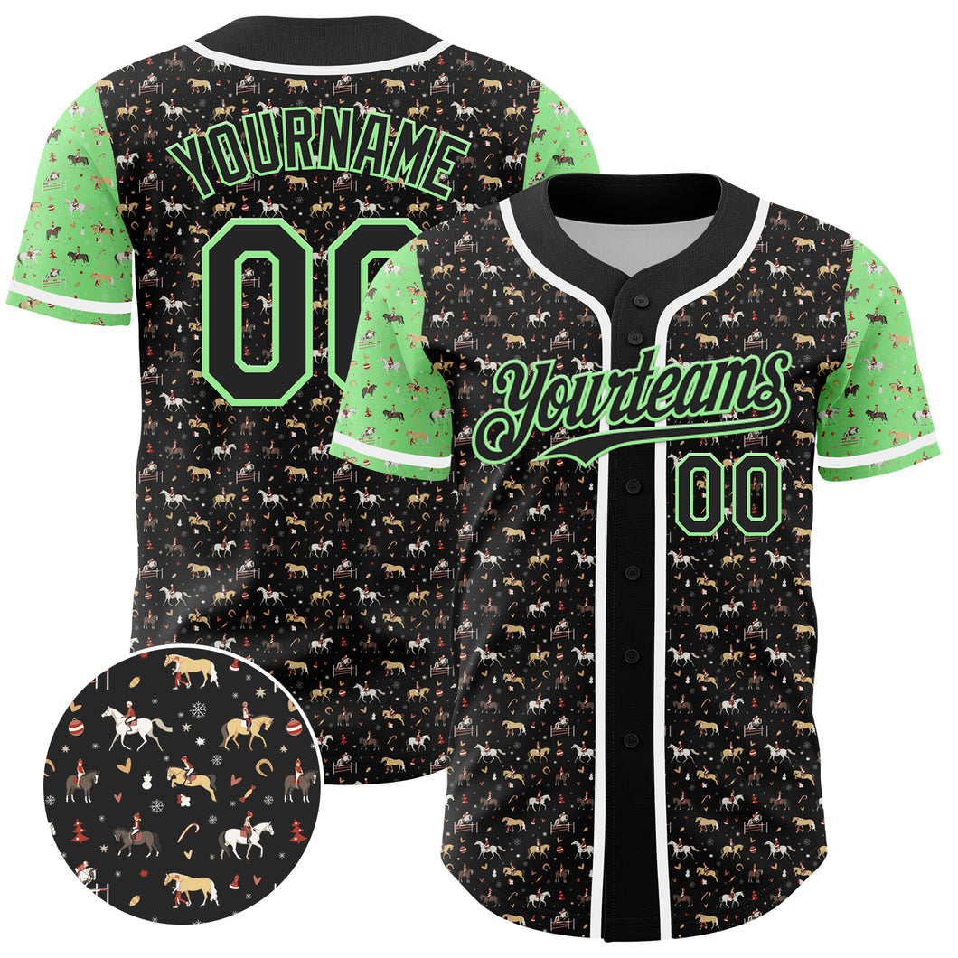 Custom Black Pea Green-White 3D Pattern Design Rodeo Cowboy Authentic Baseball Jersey