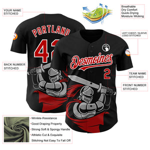 Custom Black Red-White 3D Pattern Design Knight Hero Art Authentic Baseball Jersey