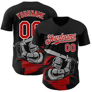 Custom Black Red-White 3D Pattern Design Knight Hero Art Authentic Baseball Jersey