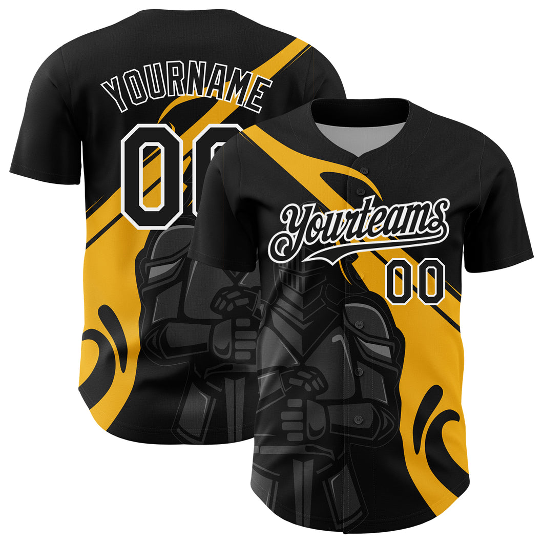 Custom Black Gold-White 3D Pattern Design Knight Hero Art Authentic Baseball Jersey