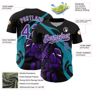 Custom Black Purple-Teal 3D Pattern Design Knight Hero Art Authentic Baseball Jersey