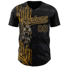 Charger l&#39;image dans la galerie, Custom Black Old Gold 3D Pattern Design Animal Lion Authentic Baseball Jersey
