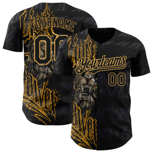 Custom Black Old Gold 3D Pattern Design Animal Lion Authentic Baseball Jersey