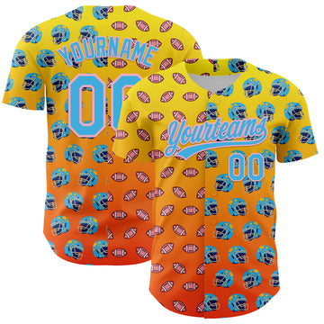 Custom Light Yellow Sky Blue Orange-Medium Pink 3D Pattern Design Football Helmet And Football Elements Authentic Baseball Jersey