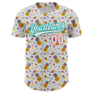 Custom White Neon Pink-Aqua 3D Pattern Design Champion Medal Authentic Baseball Jersey