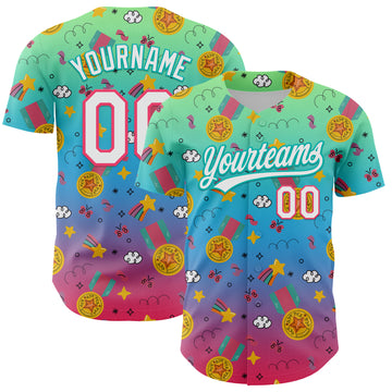 Custom Pea Green Neon Pink Aqua-Sky Blue 3D Pattern Design Champion Medal Authentic Baseball Jersey