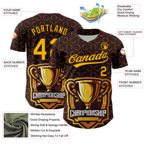 Custom Brown Gold 3D Pattern Design Champion Trophy Authentic Baseball Jersey