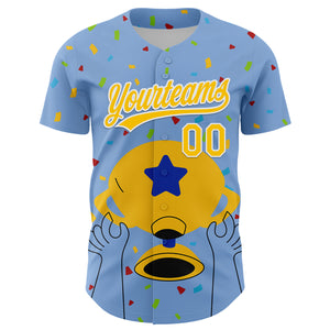 Custom Light Blue Yellow-White 3D Pattern Design Champion Trophy Authentic Baseball Jersey