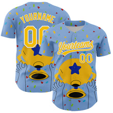 Загрузить изображение в средство просмотра галереи, Custom Light Blue Yellow-White 3D Pattern Design Champion Trophy Authentic Baseball Jersey
