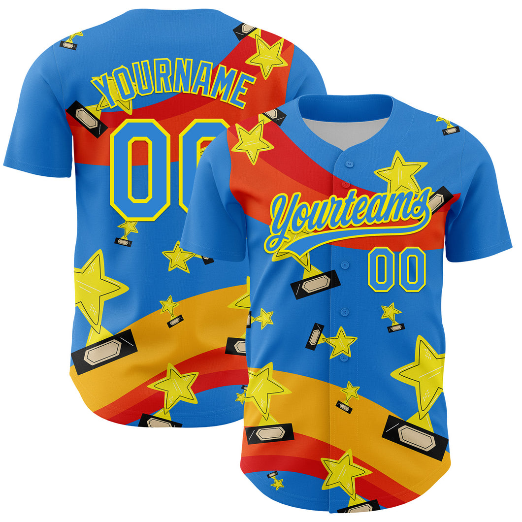 Custom Electric Blue Light Yellow 3D Pattern Design Champion Trophy Authentic Baseball Jersey