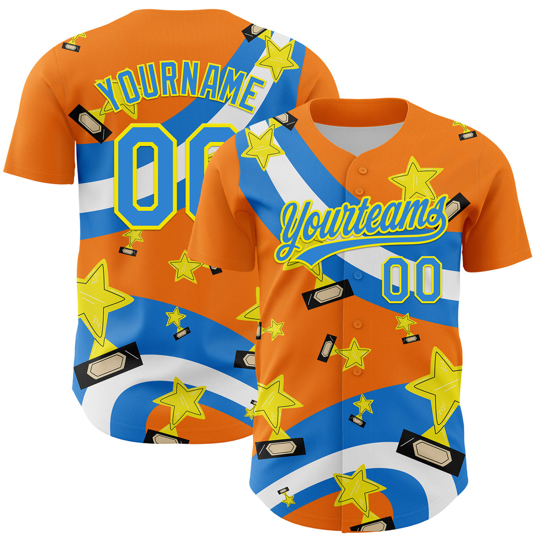 Custom Bay Orange Electric Blue-Light Yellow 3D Pattern Design Champion Trophy Authentic Baseball Jersey