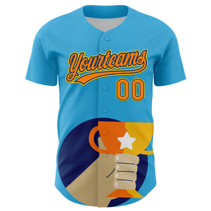 Custom Sky Blue Bay Orange US Navy Blue-Yellow 3D Pattern Design Champion Trophy Authentic Baseball Jersey