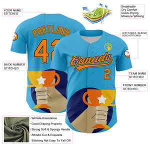 Custom Sky Blue Bay Orange US Navy Blue-Yellow 3D Pattern Design Champion Trophy Authentic Baseball Jersey