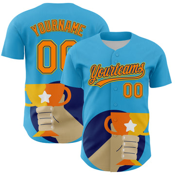 Custom Sky Blue Bay Orange US Navy Blue-Yellow 3D Pattern Design Champion Trophy Authentic Baseball Jersey