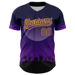 Custom Black Purple-Yellow 3D Pattern Halloween Skull Authentic Baseball Jersey