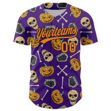 Laden Sie das Bild in den Galerie-Viewer, Custom Purple Bay Orange-Black 3D Pattern Halloween Skull Authentic Baseball Jersey
