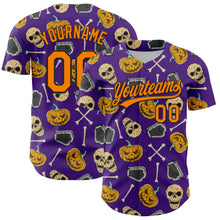 Laden Sie das Bild in den Galerie-Viewer, Custom Purple Bay Orange-Black 3D Pattern Halloween Skull Authentic Baseball Jersey
