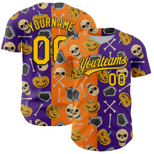 Загрузить изображение в средство просмотра галереи, Custom Purple Yellow Bay Orange-Black 3D Pattern Halloween Skull Authentic Baseball Jersey
