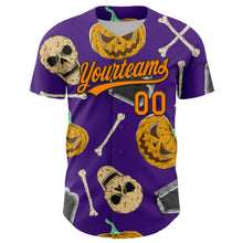 Загрузить изображение в средство просмотра галереи, Custom Purple Bay Orange-Black 3D Pattern Halloween Skull Authentic Baseball Jersey
