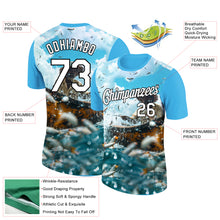 Загрузить изображение в средство просмотра галереи, Custom Sky Blue White-Black 3D Pattern Design Fisherman Catching Fish Performance T-Shirt
