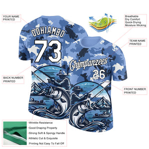 Custom Light Blue White-Black 3D Pattern Design Big Bass Fish Fishing Performance T-Shirt